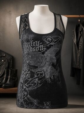 Harley-Davidson Black Graphic Right side Lace-Up Mesh-Panel Tank womens M